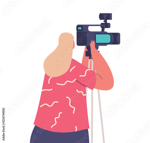 Journalist Or Reporter Female Character With Professional Video Camera Rear View. Woman Interviewing, Record Live News