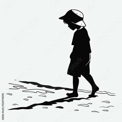 a-little-boy-standing-on-the-beach-with-a-hat-on her head silhouette image vector art and illustration