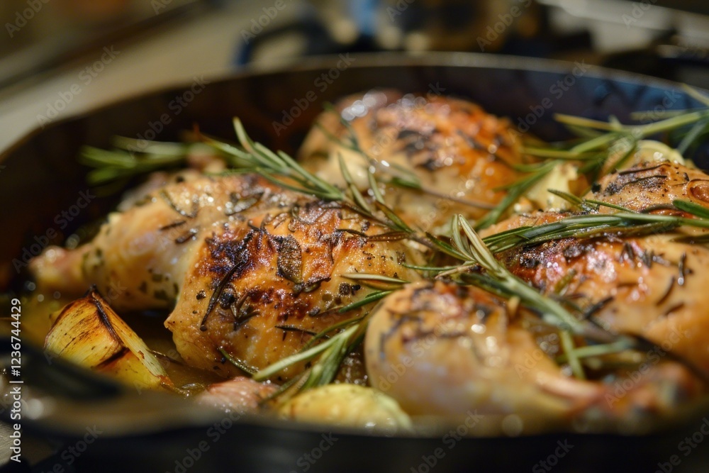 Delicious roasted chicken with rosemary and potatoes cooking in a cast iron skillet Delicious roasted chicken with rosemary and potatoes cooking in a cast iron skillet