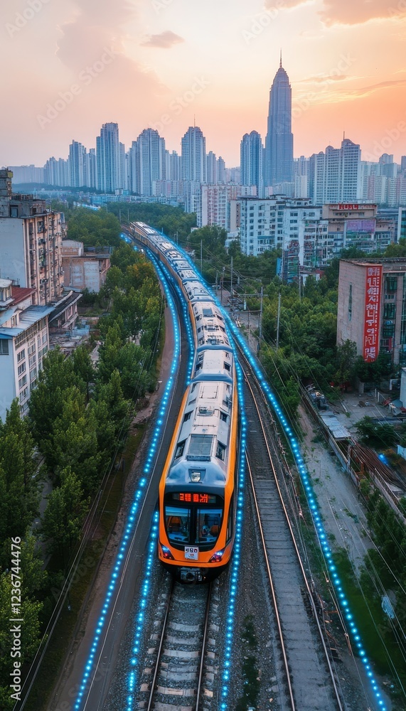 Fototapeta premium Modern Orange Train Travels Through Cityscape on Elevated Tracks, Urban Transport Concept