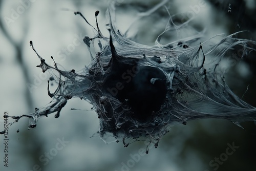 Mysterious alien cocoon with intricate webbing in eerie atmosphere........