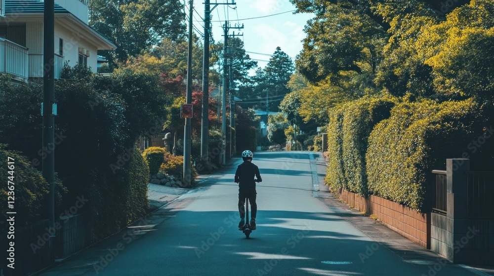 Serene Suburban Ride: A Person on a Scooter on a Quiet Residential Street Serene Suburban Ride: A Person on a Scooter on a Quiet Residential Street