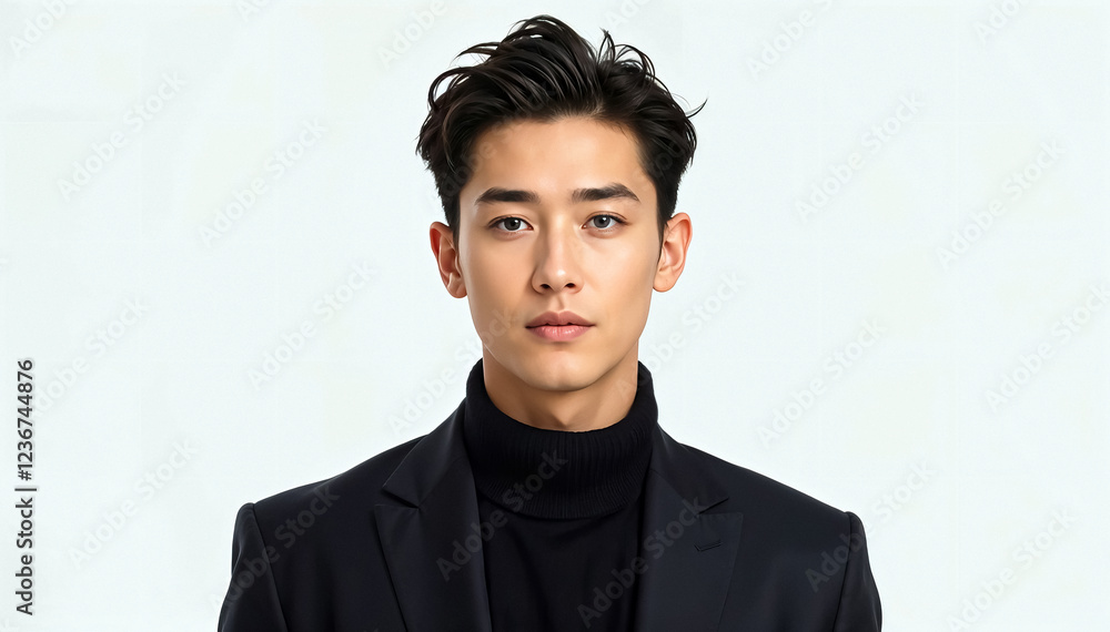 Fototapeta premium young Asian man with dark hair wearing black turtleneck and blazer looks directly camera against white background