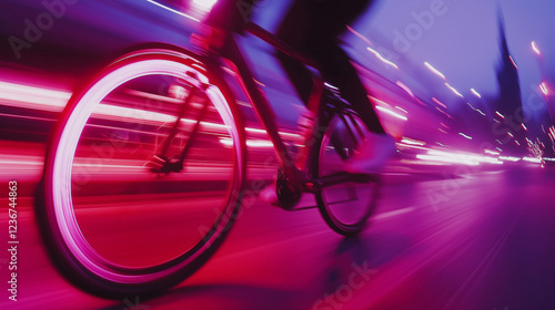 Fast-moving bicycle in a futuristic neon cityscape at night, with dynamic motion blur and vibrant pink and purple lights creating a cyberpunk atmosphere of speed and urban energy photo