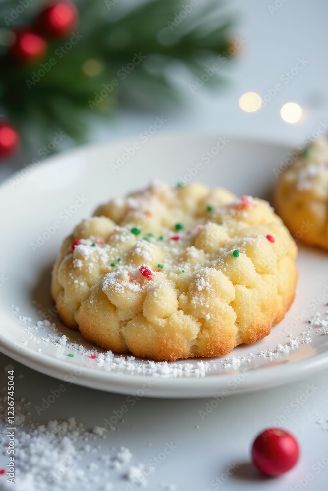 Fototapeta premium Crunchy sugar cookie sits atop a snowy white plate, still life, confectionery, festive cookies
