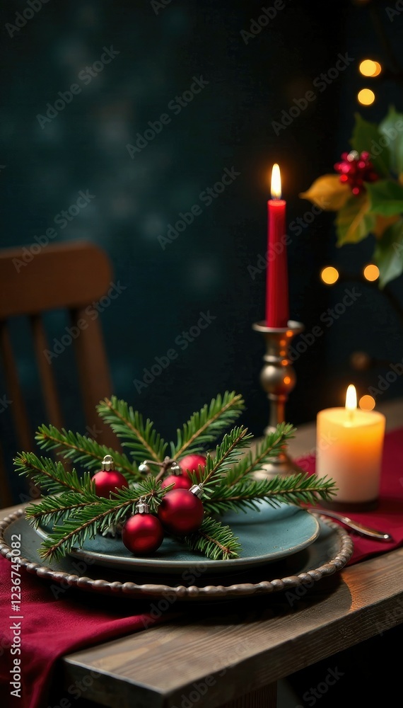 Dark stone table features Christmas branch centerpiece, dark, christmas, festive Dark stone table features Christmas branch centerpiece, dark, christmas, festive