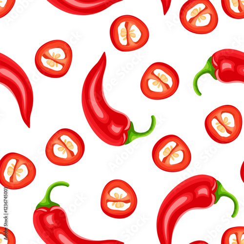 Red hot chili peppers seamless pattern. Vector cartoon flat illustration. Food background.