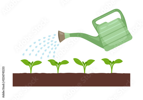 Watering seedlings from watering can. Vector cartoon flat illustration. Gardening concept.