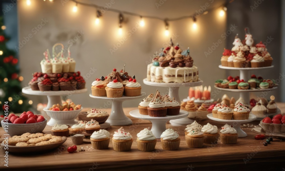 Fototapeta premium Holiday-themed dessert table with cupcakes and cookies , colorful presentation, baked goods