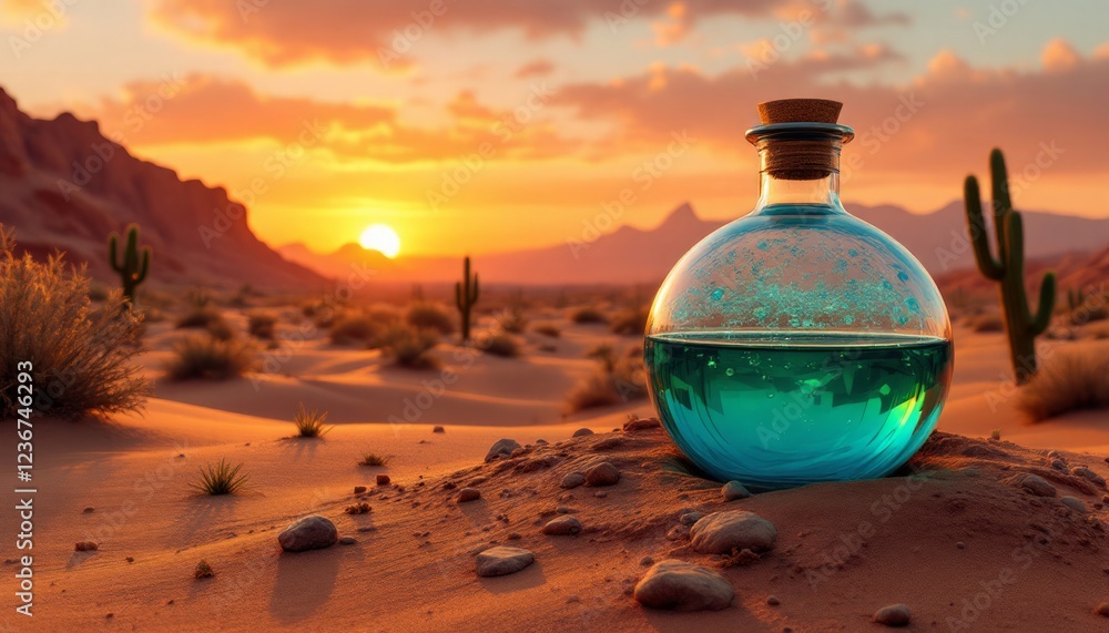 Mysterious Potion at Sunset in the Desert: A Surreal Landscape Mysterious Potion at Sunset in the Desert: A Surreal Landscape