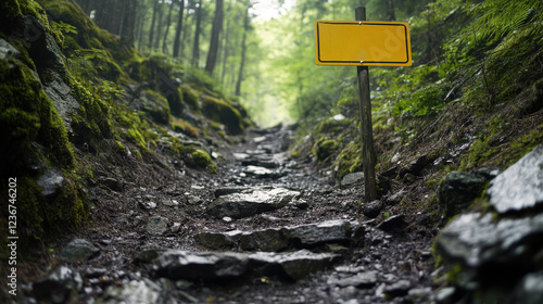 A sign on a hiking trail warning of potential rockfalls and suggesting safe paths photo