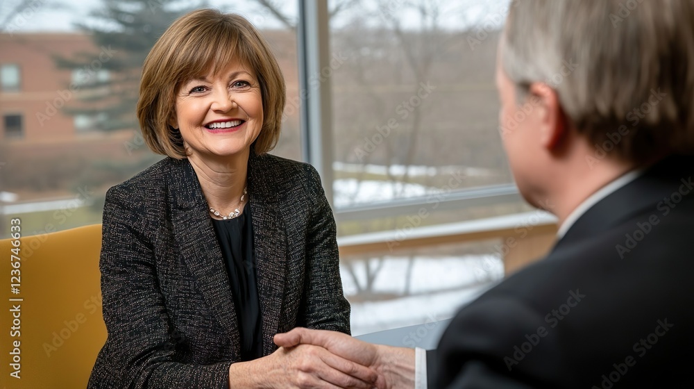 Businesswoman Confidently Shaking Hands Agreement Formal Meeting Corporate Success Businesswoman Confidently Shaking Hands Agreement Formal Meeting Corporate Success