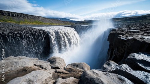 A fast-moving waterfall cascading down rocks, with mist spraying into the air