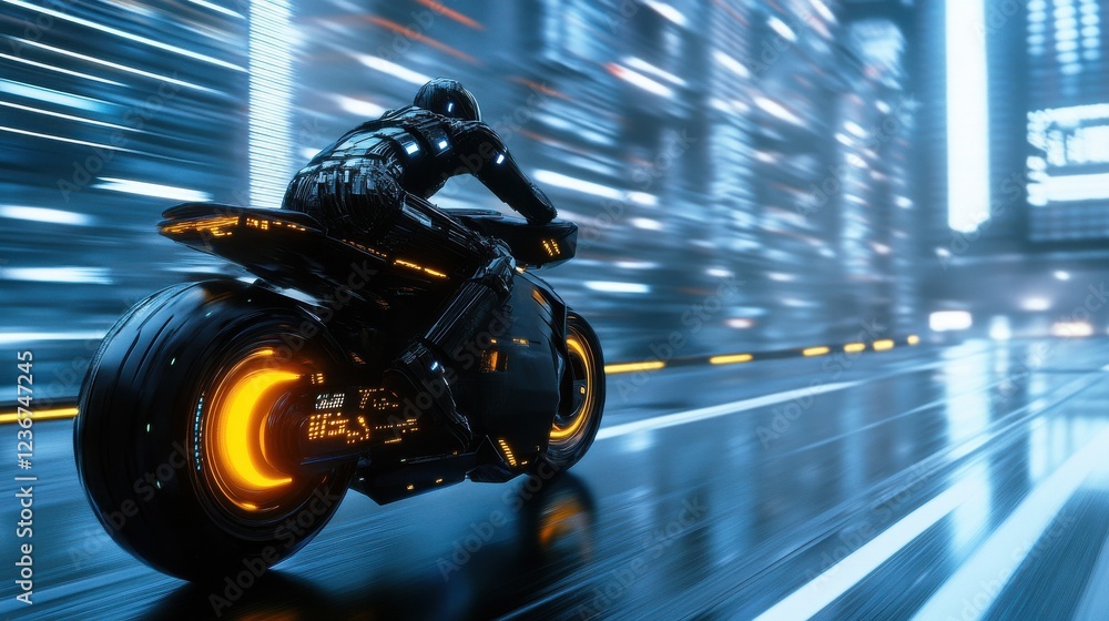 Obraz premium A futuristic motorcycle streaking through a cyberpunk cityscape
