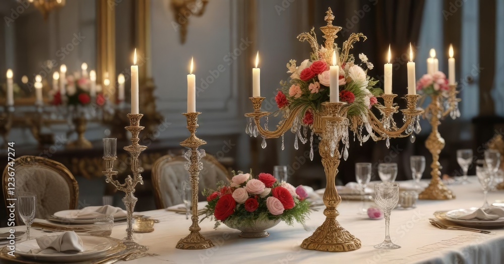 Lavish formal table setting with fine china, crystal glasses, and ornate candelabras adorned with flowers, sophisticated ambiance, elegant wedding decor, crystal glasses Lavish formal table setting with fine china, crystal glasses, and ornate candelabras adorned with flowers, sophisticated ambiance, elegant wedding decor, crystal glasses
