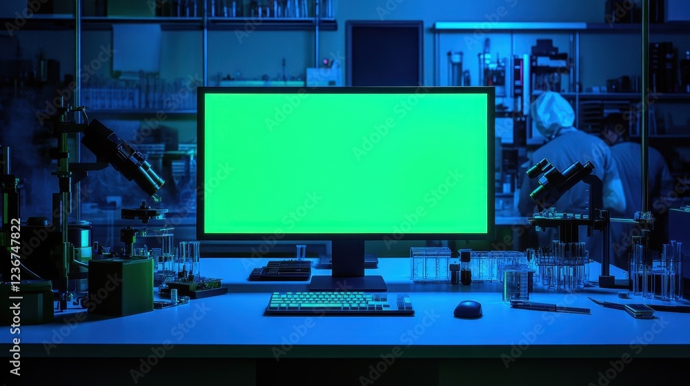 Naklejka premium Green screen desktop setup in a science lab surrounded by test tubes, microscopes, and researchers conducting experiments in the distance