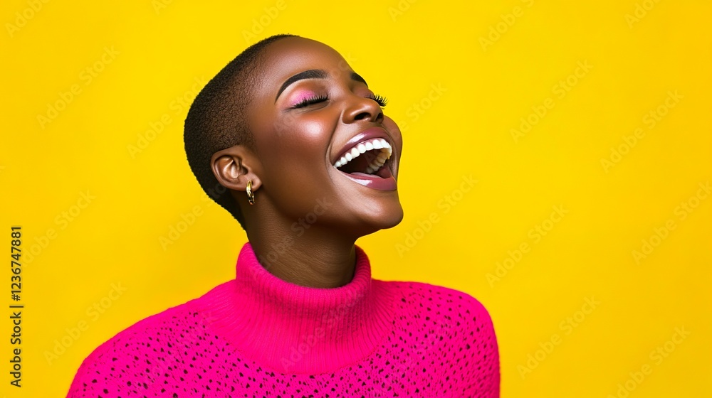 Fototapeta premium Beautiful Black Woman in Pink Sweater Smiling Against Bright Yellow Wall