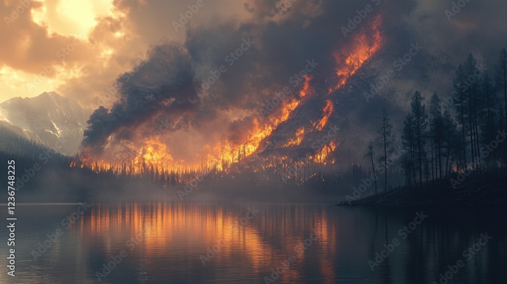 Naklejka premium Wildfire raging near lake at sunset; smoke and flames reflected in water; environmental disaster; use for news, climate change articles