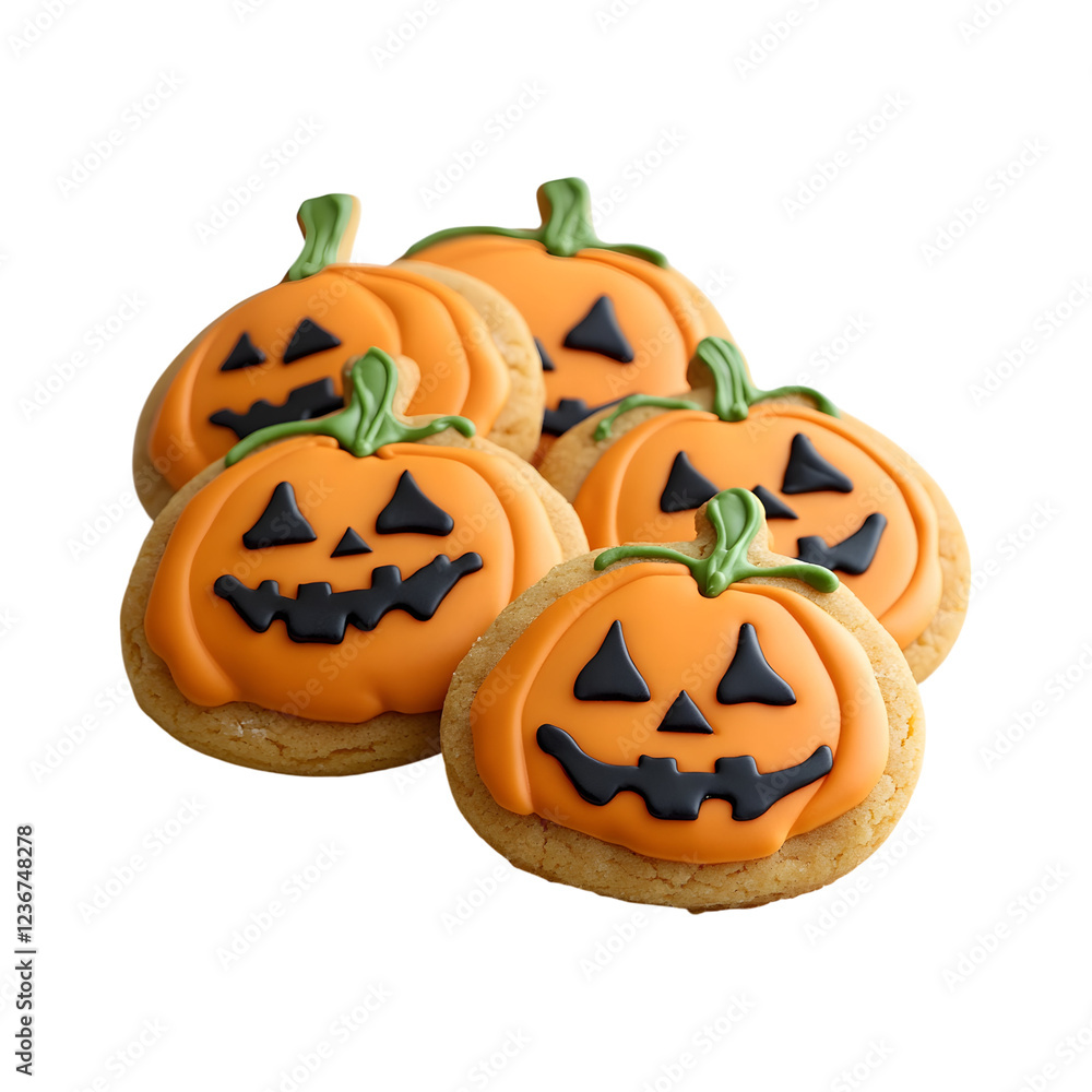 Pumpkin-Shaped Cookies with Orange Icing and Green Stem Isolated on Transparent Background Pumpkin-Shaped Cookies with Orange Icing and Green Stem Isolated on Transparent Background