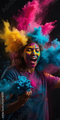 A young female with a radiant smile, enjoying the Holi festival with vibrant colors on her face. A joyful celebration of happiness, culture, and tradition.