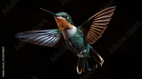 A hummingbird hovering in mid-air, wings beating too fast for the eye to see