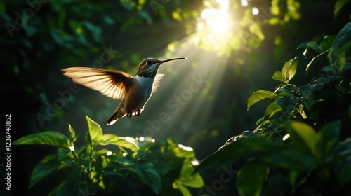 A hummingbird hovering in mid-air, wings beating too fast for the eye to see photo