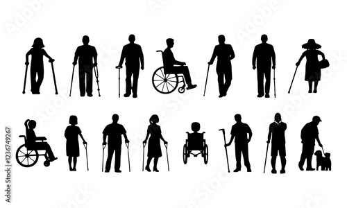 Inclusive, diverse disability silhouettes of people, various abilities, ages. Vector illustrations for accessibility, equality, community. Perfect for