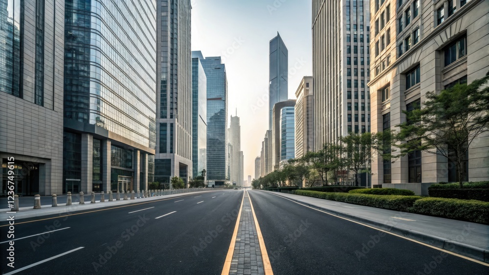 Obraz premium Modern city street with an asphalt road flanked by tall skyscrapers on either side, city street, modern architecture, urban sprawl