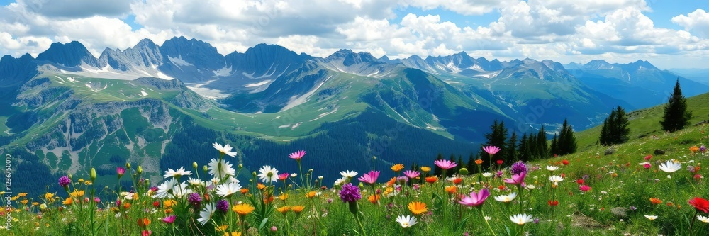 Fototapeta premium Mountain landscape with blooming wildflowers in the Alps, landscape, village, spring