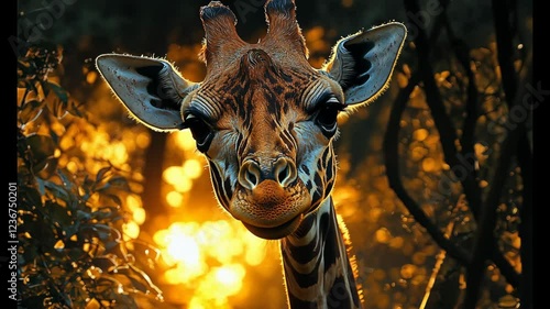 Majestic giraffe gazing curiously amidst a vibrant sunset in a lush, green forest setting