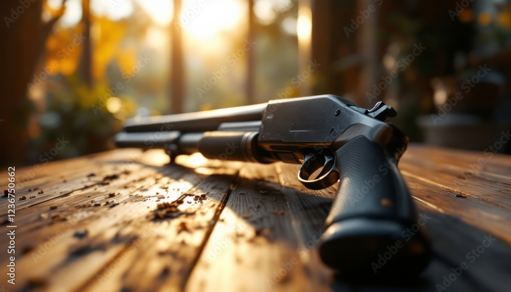 Obraz premium Shotgun Resting on Rustic Wooden Table Outdoors at Sunset Golden Hour Hunting Weapon