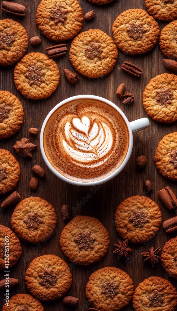 Rustic Charm Aromatic Latte with Artful Design Amidst Freshly Baked Cookies and Nutmeg Rustic Charm Aromatic Latte with Artful Design Amidst Freshly Baked Cookies and Nutmeg
