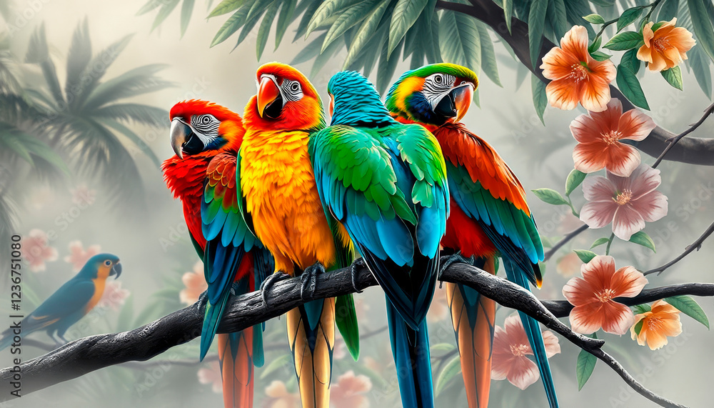 Fototapeta premium Bright chic tropical parrots, birds in the tropics