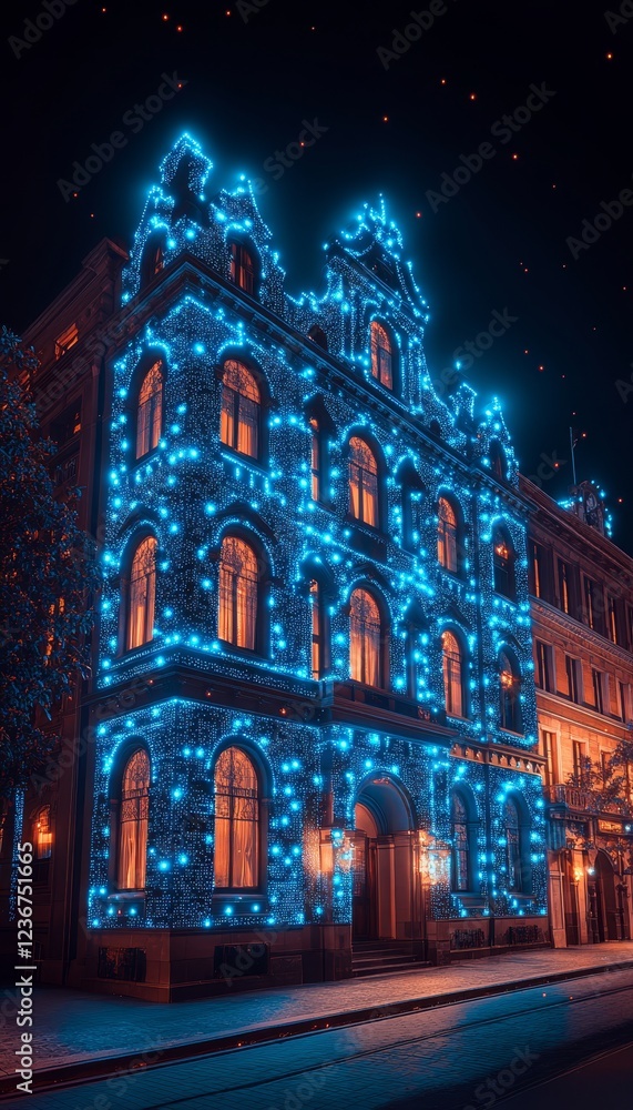Fototapeta premium Historic European Building Adorned with Festive Blue Christmas Lights Illuminating the Night