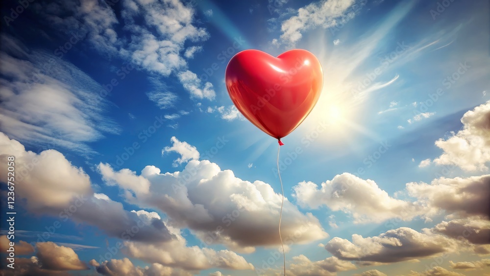 Heart-Shaped Balloon Floating in a Bright Blue Sky with Clouds Heart-Shaped Balloon Floating in a Bright Blue Sky with Clouds