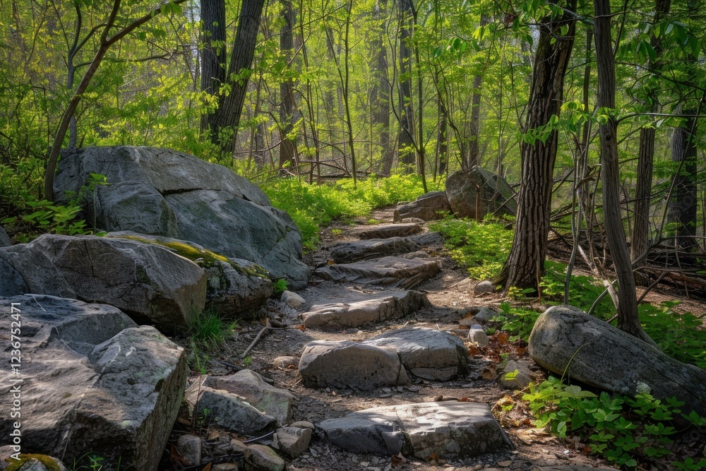 Sunlit stone steps wind through a tranquil forest path, inviting exploration and tranquility Sunlit stone steps wind through a tranquil forest path, inviting exploration and tranquility