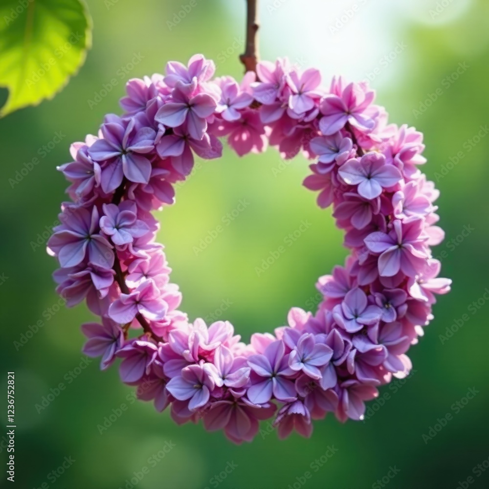 A delicate lilac wreath hangs from a tree limb, spring, purple A delicate lilac wreath hangs from a tree limb, spring, purple
