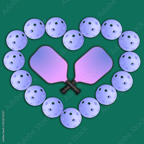 Purple balls and two rackets on a green background.