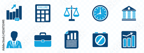 Business failure icon set. Containing bankruptcy, financial crisis, money leak, debt, no money, recession, unpaid bills and more. Solid vector icons ...