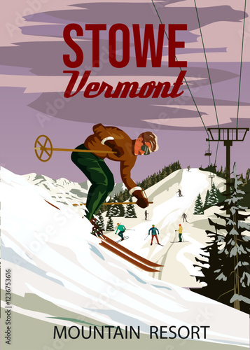 Vintage Travel poster Ski Stowe resort. America winter landscape travel card
