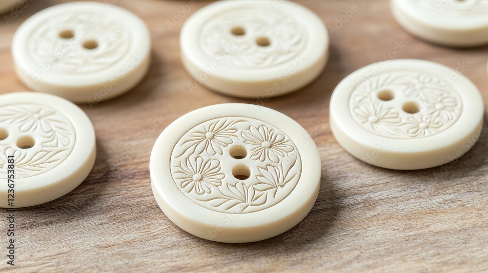 Bone Traditional Handmade Concept, Elegant Floral Etched Buttons Crafted from Bone with Intricate Designs on Natural Wood Background Bone Traditional Handmade Concept, Elegant Floral Etched Buttons Crafted from Bone with Intricate Designs on Natural Wood Background