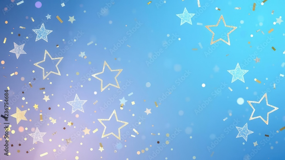 Iridescent confetti stars against a gradient blue background with golden accents and subtle sparkle, iridescent colors, gradient effect, stars Iridescent confetti stars against a gradient blue background with golden accents and subtle sparkle, iridescent colors, gradient effect, stars