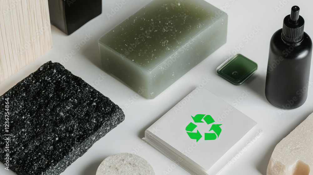 Eco-Friendly Products on White Surface in Sustainable Packaging Display Eco-Friendly Products on White Surface in Sustainable Packaging Display
