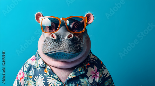Hippo wearing a Hawaiian shirt and sunglasses standing confidently in a tropical summer setting exuding vacation vibes and charisma ultra-detailed high-quality portrait with vibrant colors and relaxed