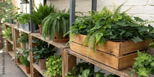 Lush greenery like ivy and ferns in wooden planters on a rustic wooden shelf display stand, bohemian style, ivy, nature-inspired decor photo