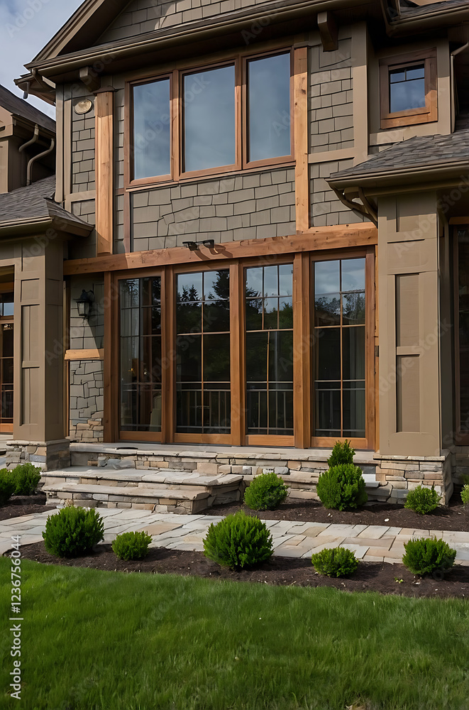 Luxury House Exterior: Stone and Wood Design, Landscaping, and Walkway Luxury House Exterior: Stone and Wood Design, Landscaping, and Walkway