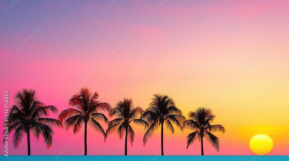 Silhouette Palm Trees at Vibrant Sunset Over Ocean Silhouette Palm Trees at Vibrant Sunset Over Ocean