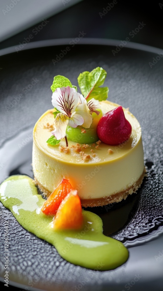 Key lime pie with fruits and mint on a black plate