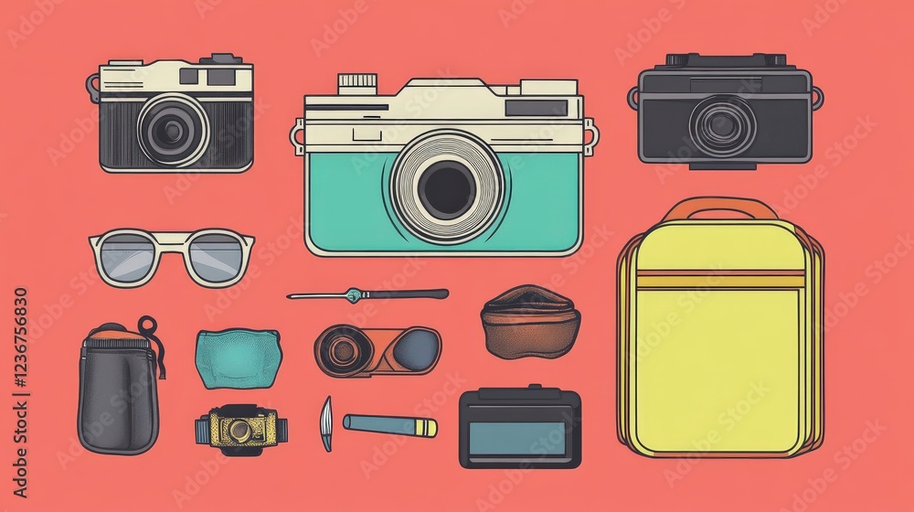 Fototapeta premium A Creative Flat Lay of Vintage Cameras, Stylish Sunglasses, Travel Accessories, and Photography Gear Perfect for Travel Enthusiasts and Creatives