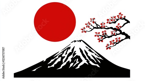 Beautiful Japanese Landscape with Mount Fuji and Cherry Blossoms